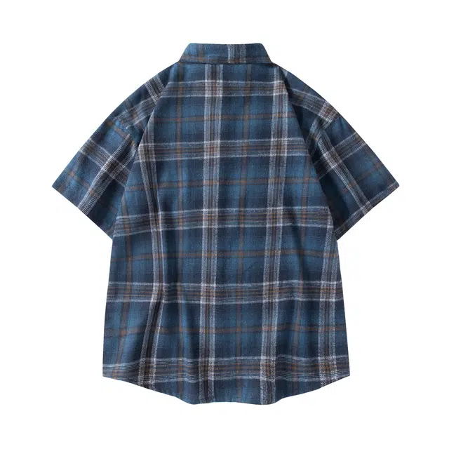 领航骆驼 美式复古学院风简约格子条纹休闲宽松无性别穿搭内搭口袋设计翻领舒适百搭潮流感短袖衬衫 男女同款