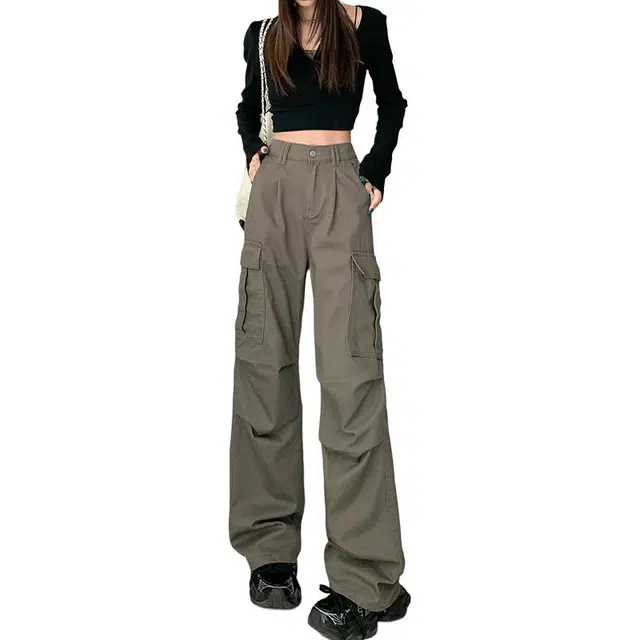 如续 早秋水洗棉工装牛仔裤女宽松显瘦百搭橡筋拖地裤 休闲裤 女款