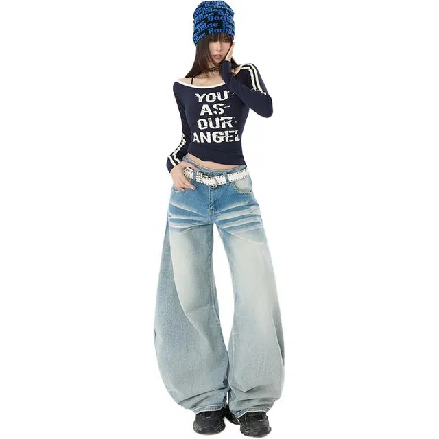 极限涡轮 美式阔腿高腰宽松显瘦垂感拖地直筒牛仔裤 男女同款