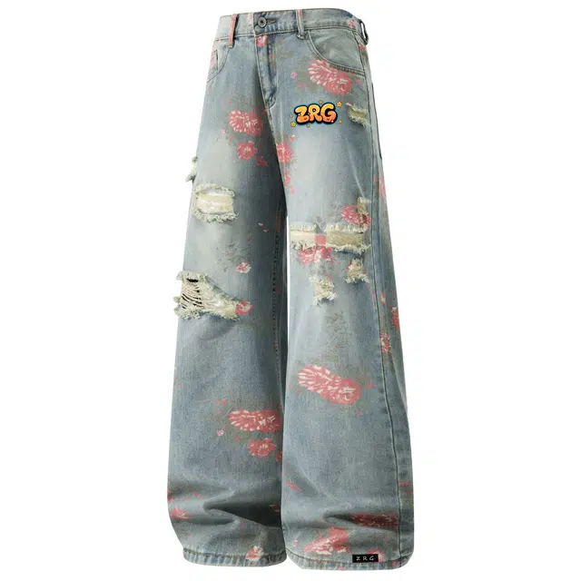 梓润格 满印玫瑰提花设计小众时尚高级感美式复古嘻哈痞帅潮流休闲百搭情侣破洞牛仔裤 男女同款
