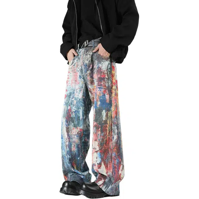 协协乐 纯棉美式复古做旧泼墨油漆水洗扎染春秋潮牌宽松直筒阔腿拖地裤百搭休闲运动长裤牛仔裤 男款
