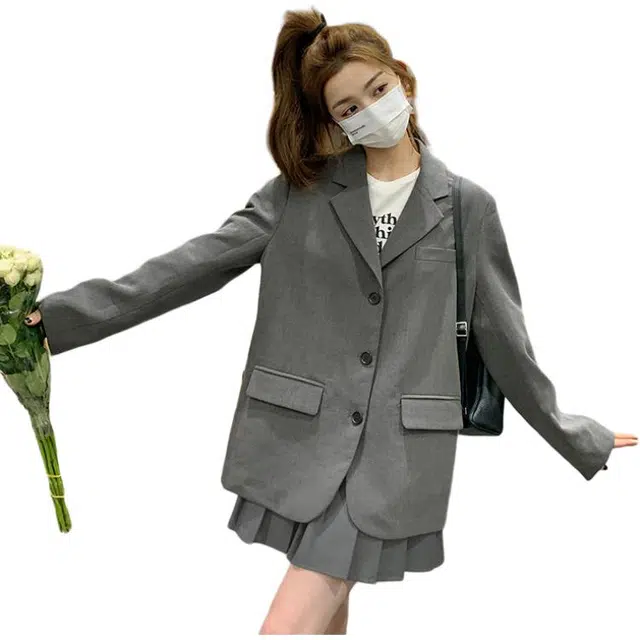 稻草人 学院风百褶半身裙西服外套两件套西装套装 女款