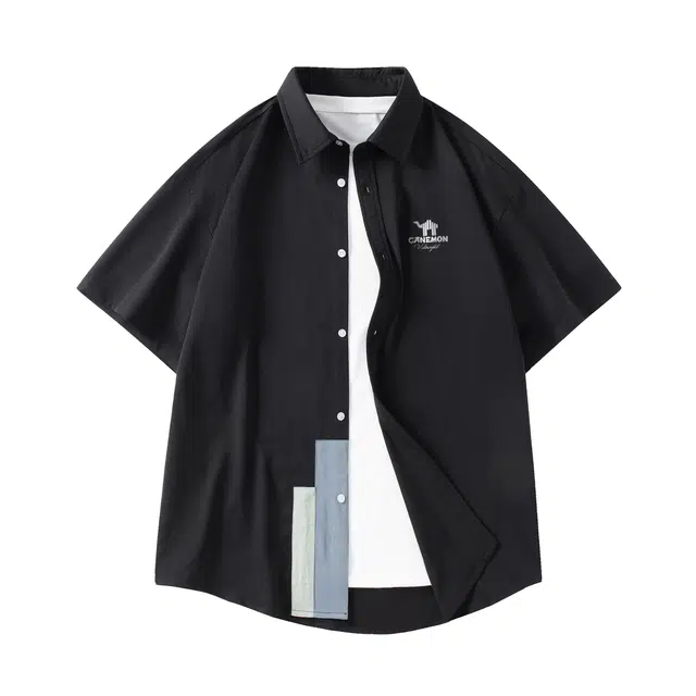 领航骆驼 港风设计色块拼接街头宽松百搭舒适休闲个性潮流透气户外通勤翻领短袖  衬衫 男女同款