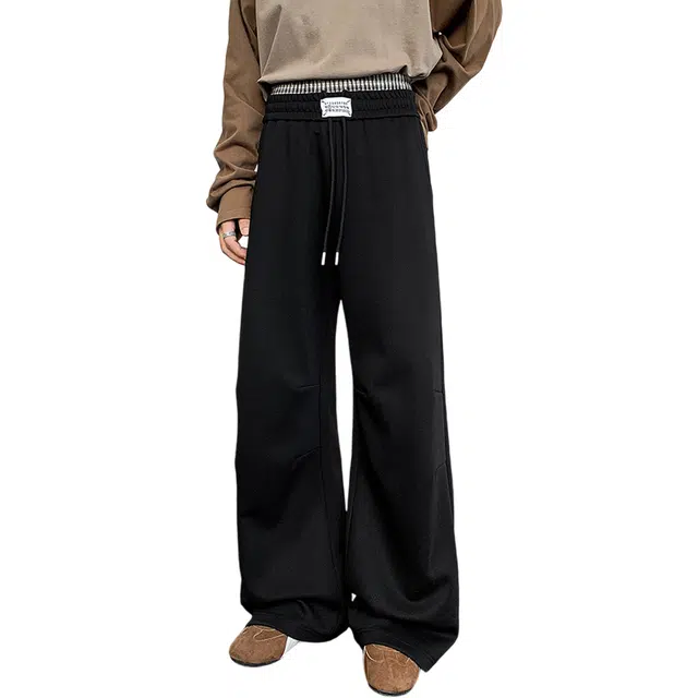 冈哉 假两件格子拼接双腰纯色褶皱设计美式潮流日常通勤舒适透气个性抽绳系带宽松高街运动长裤休闲裤 男女同款