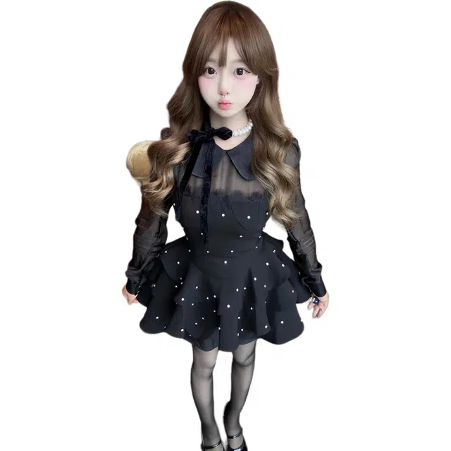 柏黛妃 钉钻缎面拼接雪纺蓬蓬长袖连衣裙 女款