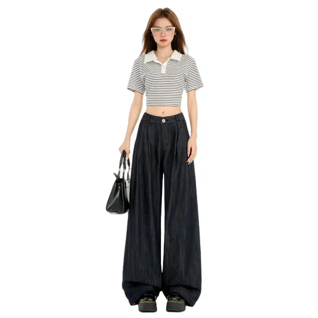 玫丝朵 美式复古高街风通勤百搭宽松垂感阔腿牛仔裤 女款