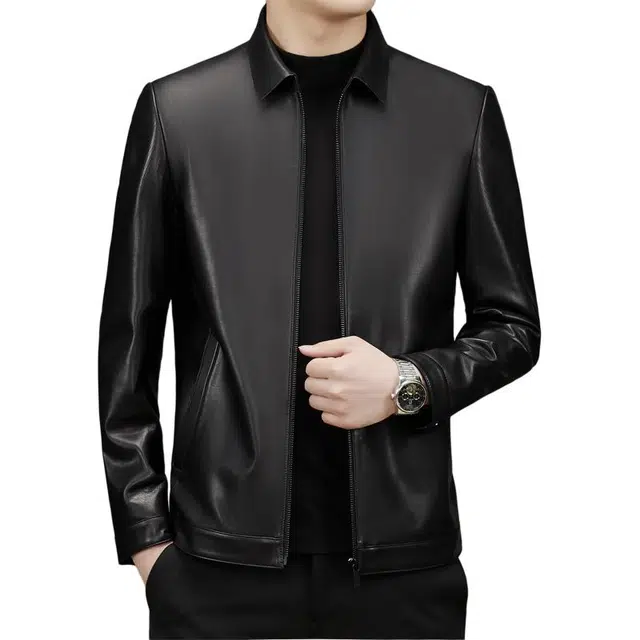 太子龍 爸爸装外套牛皮翻领中老年皮夹克皮衣 男款