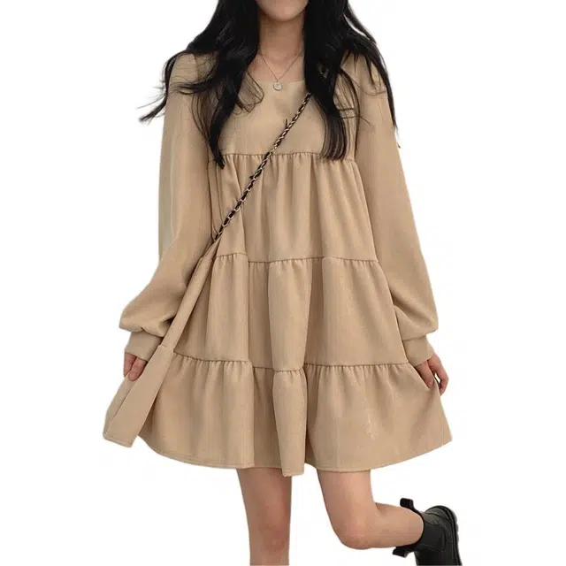 柏黛妃  韩系少女 甜美减龄 宽松 娃娃裙 长袖连衣裙 女款