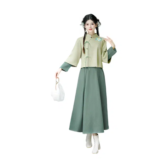 荟萃阁 新中式汉服斜襟立领系带改良刺绣长袖半身裙裙装套装 女款
