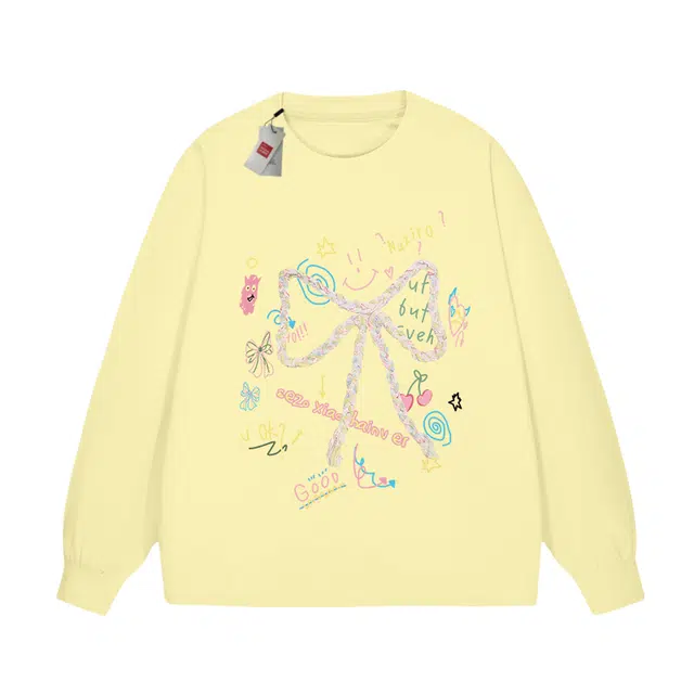 北极绒 黄色薄款宽松卡通慵懒多巴胺无帽套头长袖上衣卫衣 女款