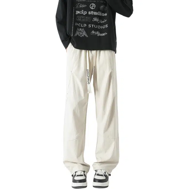 敦煌博物馆 美式复古学院风阔腿结构褶皱柳钉垂感宽松舒适透气松紧抽绳百搭运动通勤情侣直筒休闲裤 男女同款