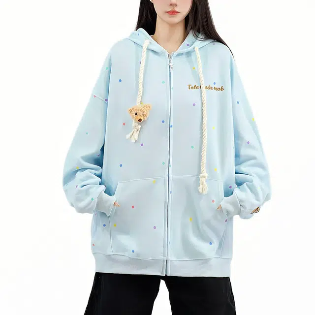 沐晓欣 可爱毛绒卡通小熊连帽女秋冬加绒甜美学院风开衫外套卫衣 女款