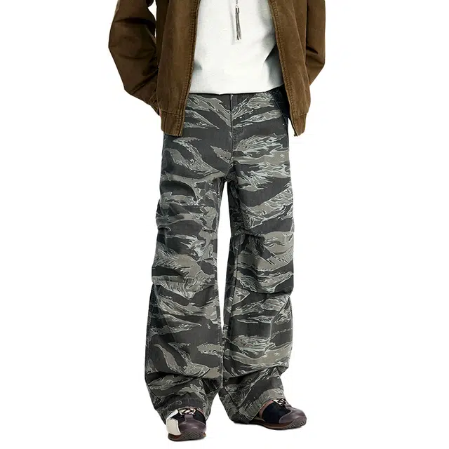 潮人榜 美式复古高街迷彩直筒工装长裤男士宽松酵摩水洗纯棉休闲裤 男女同款