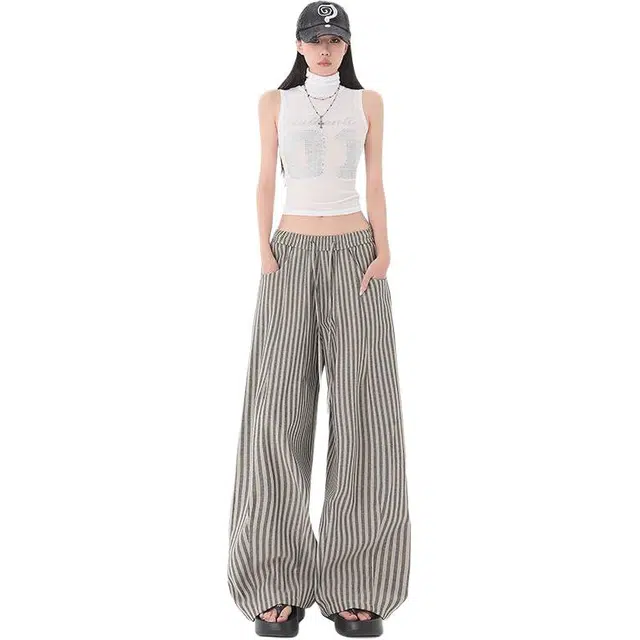 极限涡轮 美式高街复古条纹垂感秋季宽松高级感直筒阔腿休闲裤 男女同款
