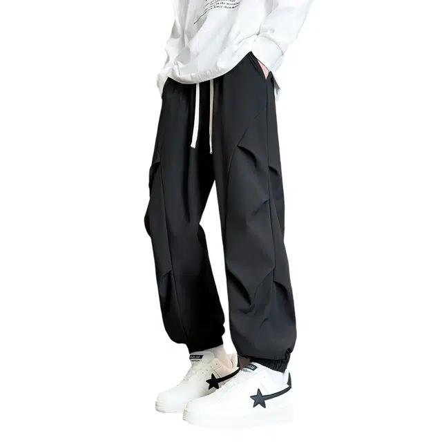 顶峰保罗 褶皱纯色美式伞兵冰丝直筒无性别主义工装裤小众设计高级感潮流宽松运动裤休闲裤 男女同款