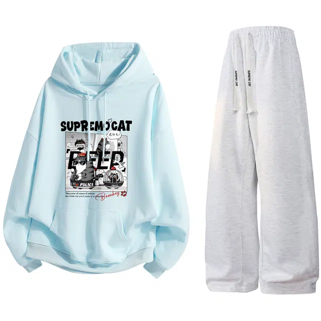 吾皇猫 学院风美式复古基础款舒适透气简约百搭卡通动漫印花卫衣长袖长裤两件装时尚休闲运动套装 男女同款