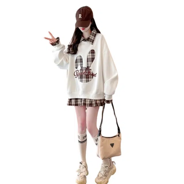 丝絮丝绸 假两件套头女卡通时尚百搭宽松慵懒外套上衣卫衣 女款