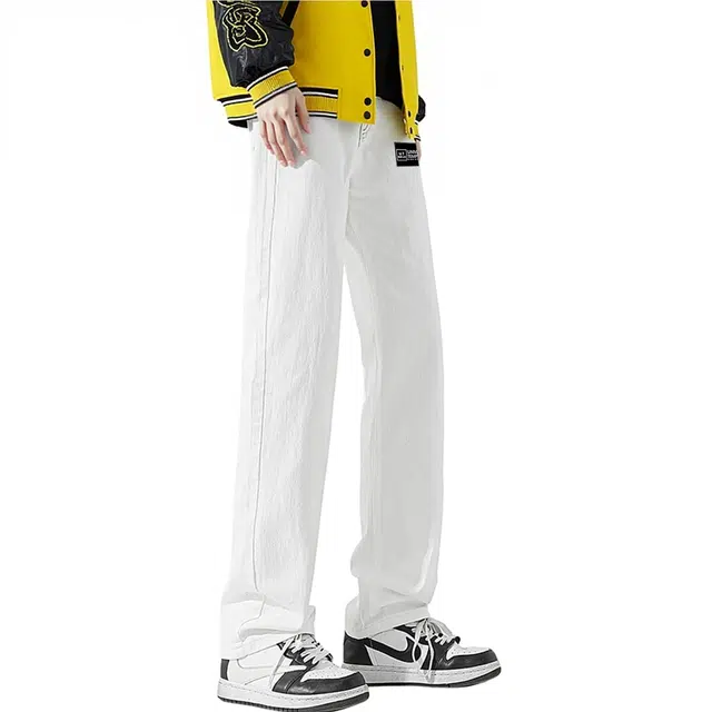 物质公式 美式复古高街水洗做旧痞帅白色基础款休闲运动宽松百搭废土风舒适柔软弹力窄版垂感显高显瘦日常通勤潮流微喇弯刀牛仔裤 男女同款