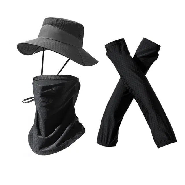 俞兆林 遮阳帽子大檐网眼透气户外登山徒步钓鱼速干防泼水太阳帽防晒面罩遮全脸护颈一体围脖套冰丝袖套护手臂冰凉 涤纶 渔夫帽 男款