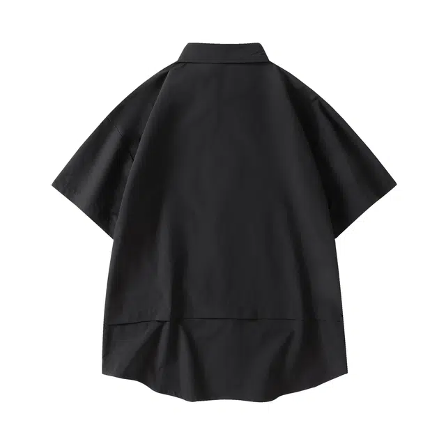 领航骆驼 美式痞帅高街机车潮流休闲纯色基础款衬衣外套宽松透气翻领单排扣垂感免烫落肩短袖  衬衫 男女同款