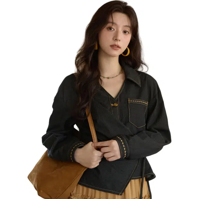 谜秀 复古仿牛仔短款高级感外套长袖衬衫 女款