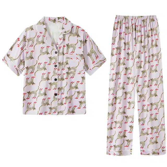 宫蝶 短袖牛奶丝可外穿家居服宽松复古风休闲豹纹满印开衫大码睡衣套装 女款