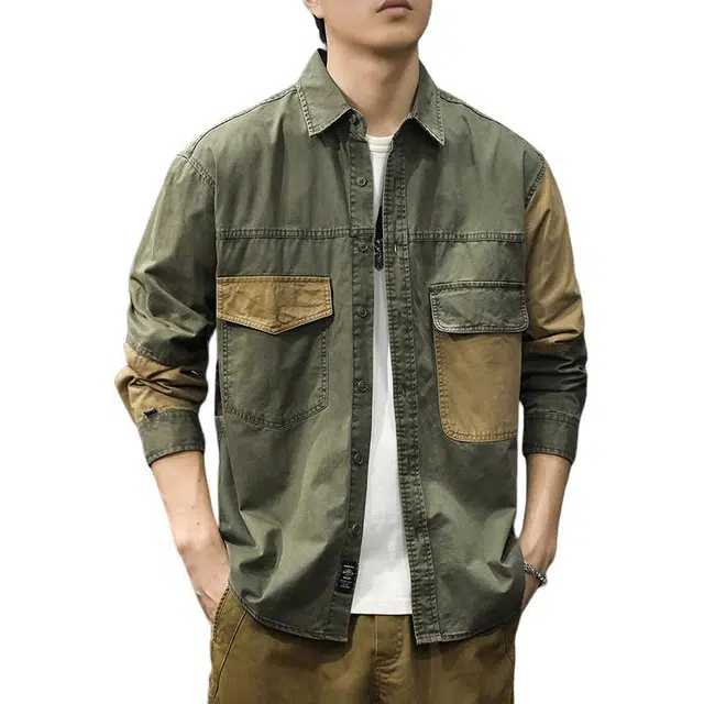 前进牛 美式街头纯棉复古痞帅撞色拼接工装夹克衬衫男复古设计感休闲高街潮牌口袋长袖衬衣宽松衬衫 男女同款