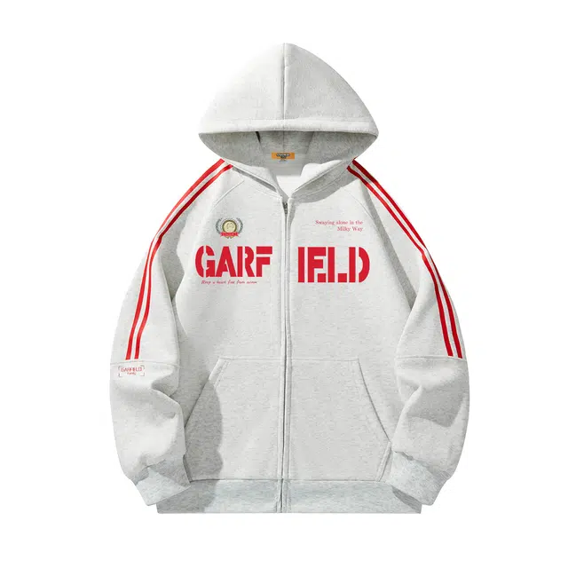 加菲猫家族 美式落肩创意英文字母加菲猫卡通印花两条杠条纹休闲长袖上衣外套潮流百搭亲肤透气无性别主义帽衫宽松连帽卫衣 男女同款