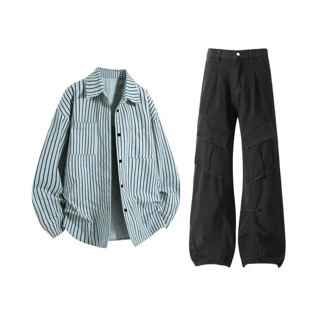 梓润格 美式高街条纹宽松简约百搭日常通勤无性别主义酷飒舒适氛围感高级设计时尚复古青少年户外旅游褶皱痞帅裤子休闲运动套装 男女同款