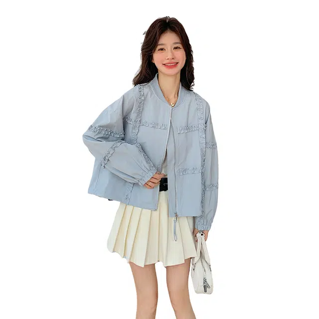 稻草人 重工木耳边短外套半身裙两件套夹克小个子棒球服裙装套装 女款