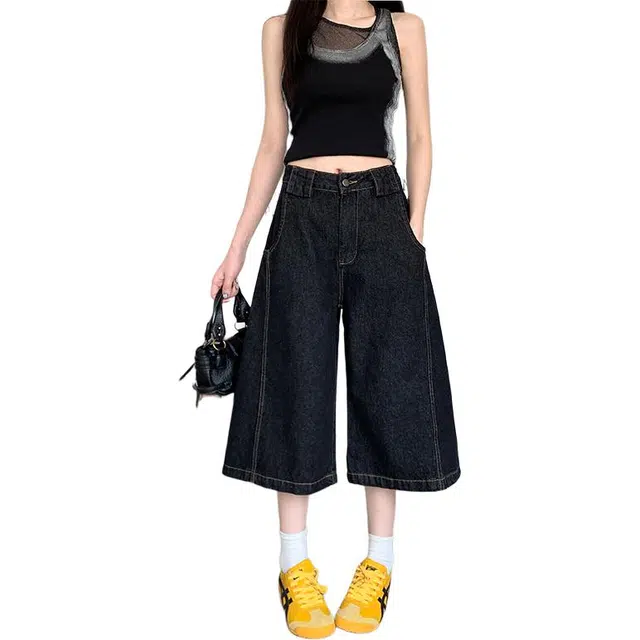 缪斯的诱惑 小众复古高腰水洗耐磨宽松阔腿七分裤女潮牛仔裤 女款