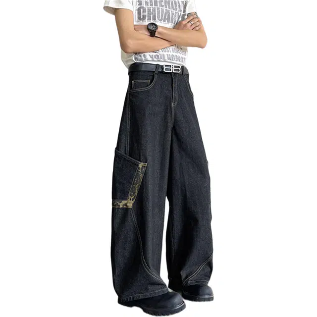 地界二 秋水洗休闲潮牌痞帅宽松复古美式高街哈伦裤子牛仔裤 男女同款
