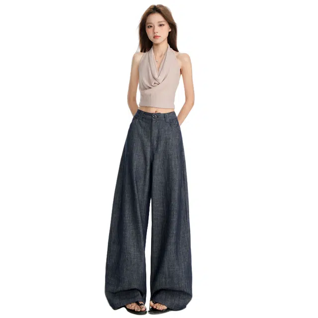 玫丝朵 美式复古弯刀宽松休闲百搭长裤直筒裤拖地裤牛仔裤 女款