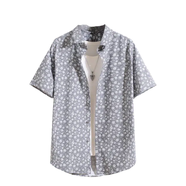 百胜狐 百胜狐男士短袖高级感花潮牌痞帅潮流修身寸衫夏季薄款冰丝衬衣衬衫 男款