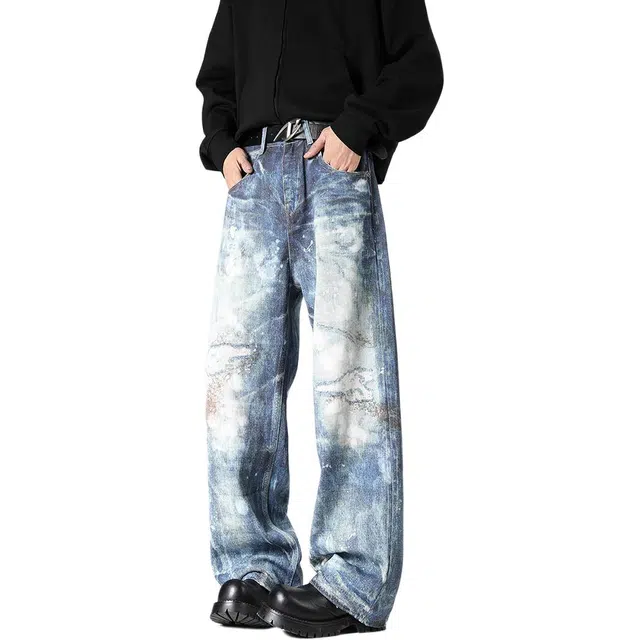 协协乐 纯棉美式复古做旧泼墨油漆水洗扎染春秋季潮牌宽松直筒阔腿拖地裤百搭休闲运动长裤牛仔裤 男款
