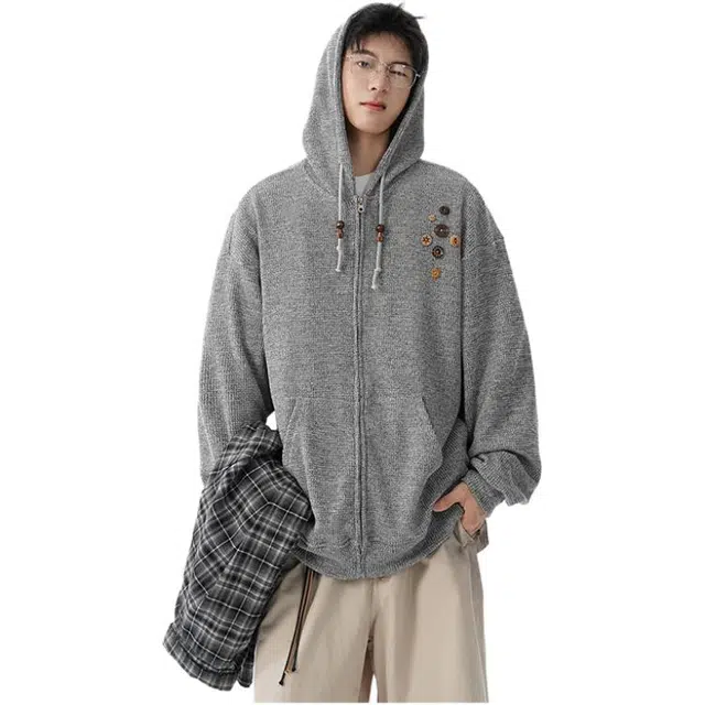 颂希尔 美式复古针织帽衫毛衣男宽松潮牌多纽扣设计街头慵懒开衫连帽外套卫衣 男款