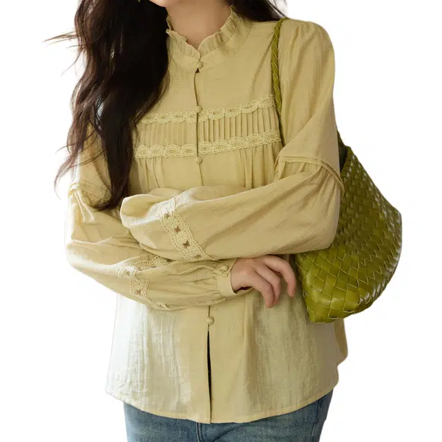 谜秀 蕾丝花边镂空袖木耳边领衬衫 女款