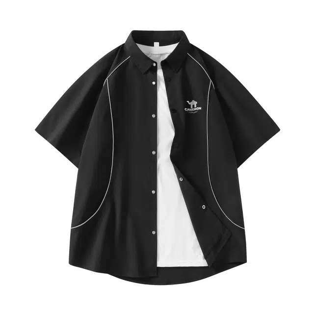 领航骆驼 无性别主义潮牌高街风基础线条解构设计感纯色日常通勤宽松休闲百搭轻薄舒适透气插肩款小众短袖  衬衫 男女同款