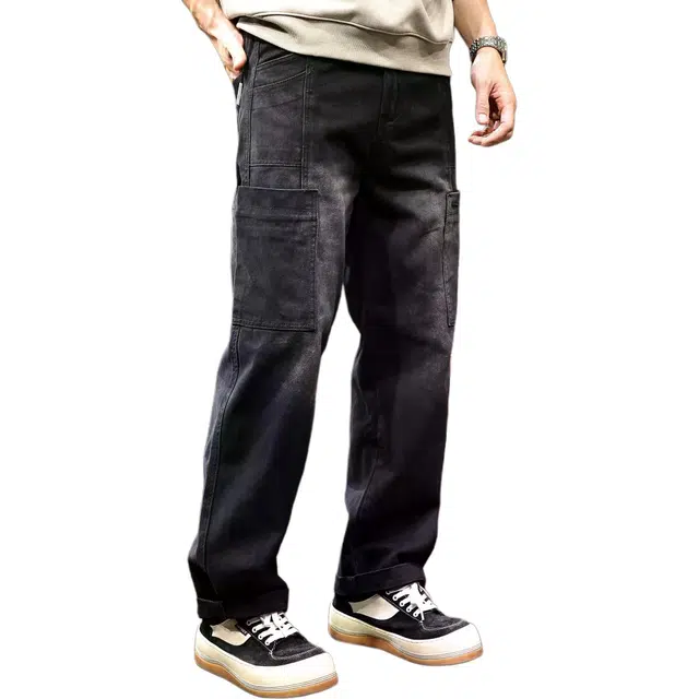 路杰邦 美式复古黑色重磅工装裤男宽松直筒春秋多口袋潮牌休闲长裤子牛仔裤 男款