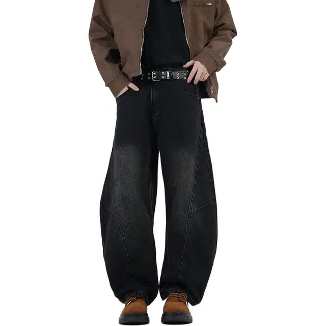 协协乐 废土风弯刀裤微喇拼接设计感春秋季美式复古潮牌宽松直筒阔腿拖地裤百搭青少年休闲运动长裤牛仔裤 男款