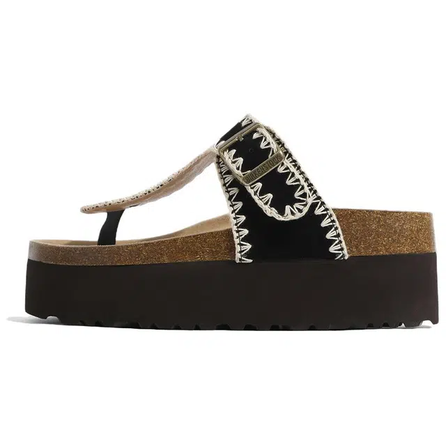 兰缪 时尚小众设计厚底休闲舒适百搭 橡胶底人字拖鞋 女 黑色