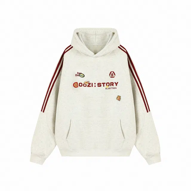 港仔文艺男 美式复古撞色拼接条纹经典三条杠字母徽章卡通印花连帽上衣休闲百搭宽松简约卫衣外套 男女同款