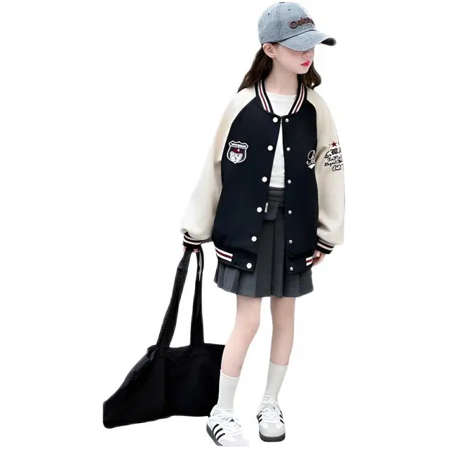 木木兔棒球服 青春潮流时尚女大童外套 潮范学院风宽松舒适秋季简约百搭休闲运动字母洋气 儿童款