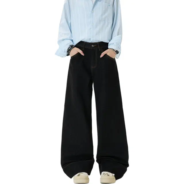 极限涡轮 美式高街高腰阔腿宽松显瘦薄绒抓毛拖地牛仔裤 男女同款