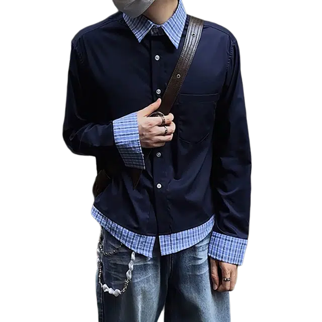 冈哉 假两件格纹拼接宽松长袖衬衫 男女同款