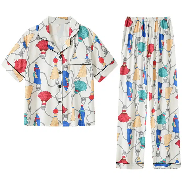 宫蝶 短袖牛奶丝可外穿家居服宽松休闲复古风满印开衫大码睡衣套装 女款