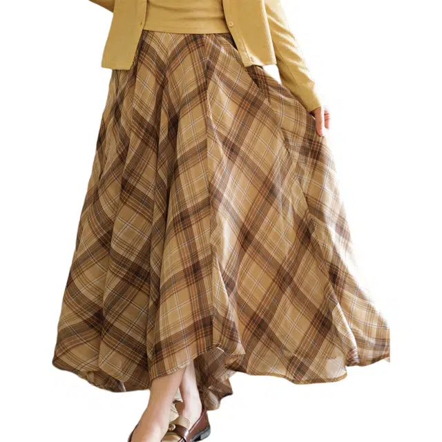 谜秀 水印格纹不对称下摆复古休闲长裙 女款