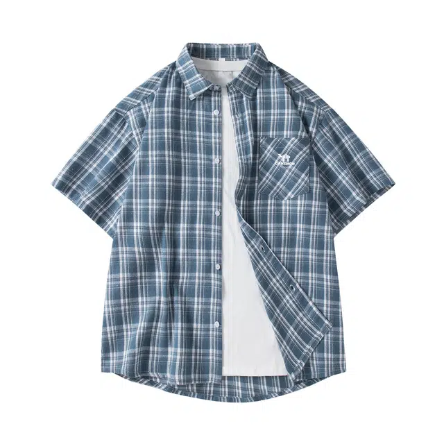领航骆驼 时尚街头学院风多巴胺格子风宽松休闲翻领短袖百搭衬衫  男女同款