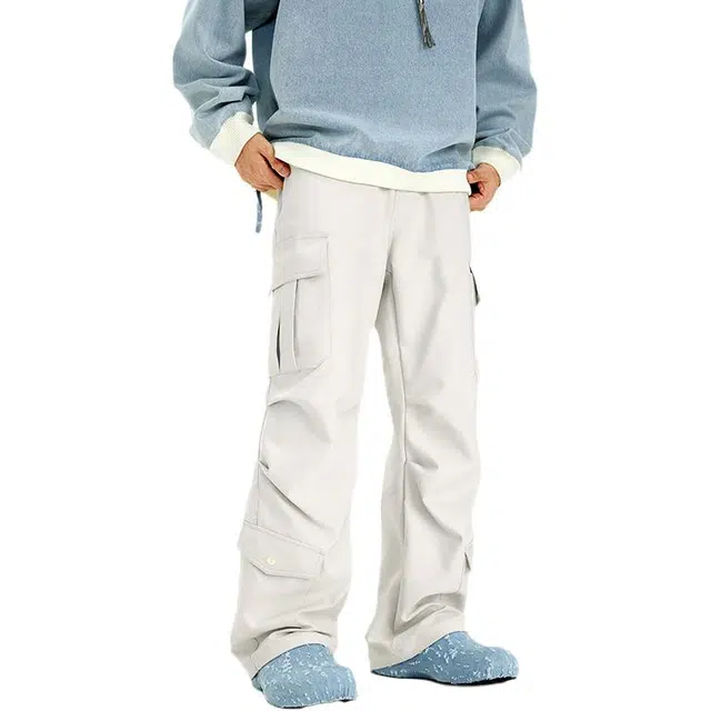 潮人榜 美式高街多口袋工装长裤情侣款宽松春秋款直筒阔腿户外伐木裤褶皱设计休闲裤 男女同款