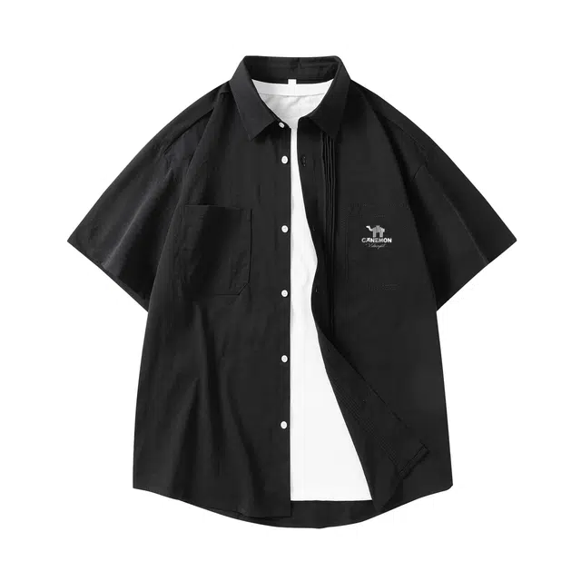 领航骆驼 时尚街头纯色简约印花基础款潮流百搭透气垂感翻领短袖衬衫  男女同款